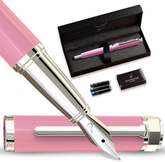 Ellington Pens Luxury Fountain Pen Set- Fountain Pens for Writing - Smooth Medium Nib - Includes Refillable Ink Converter, 3 Ink Cartridges [Black & Blue], Gift Box - Elegant Calligraphy