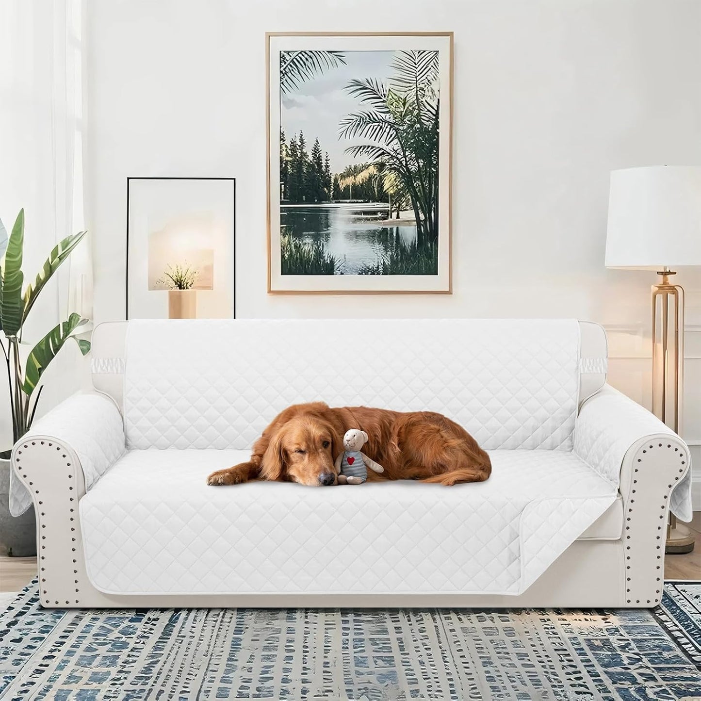 Reversible Sofa Covers Couch Cover Furniture Protector for Dogs Elastic Straps Water Resistant(Sofa,White/White)