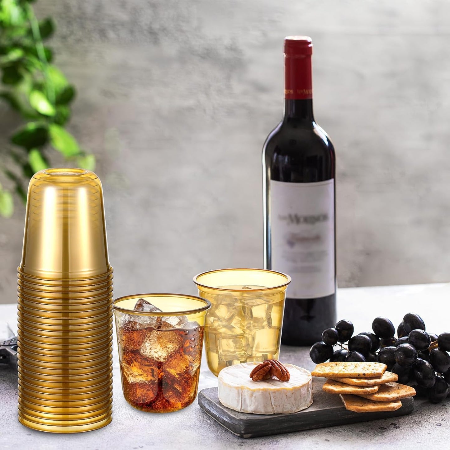 50pcs Disposable Stemless Glasses 12oz Crystal Plastic Wine Glasses Clear Classic Pet Cup for Meeting Weddings Birthdays Cocktail Christmas Party Supplies (Gold)