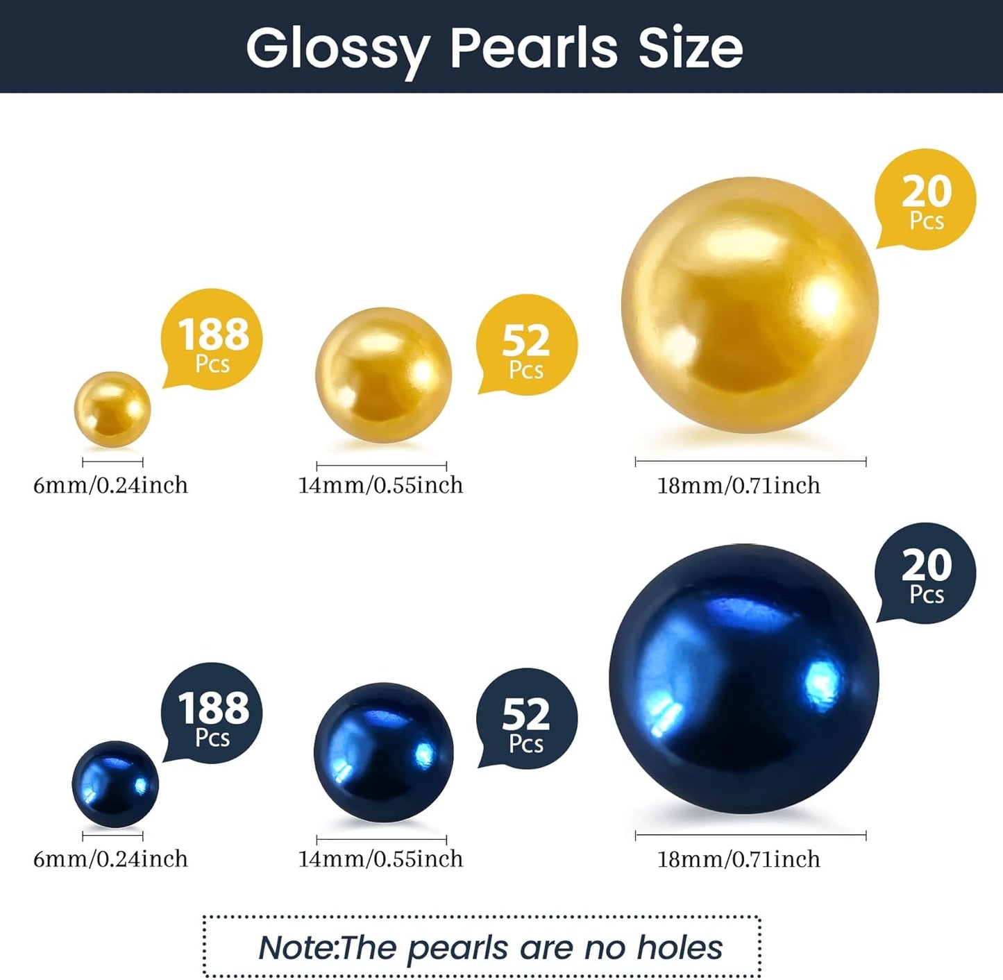 520Pcs Navyblue&Gold Beads for Centerpieces Decor, Artifical Pearls Vase Filler, Large Beads for Makeup Brush, No Hole Round Pearl Beads for Wedding Birthday Christmas Party Home Decor(18mm 14mm 6mm)