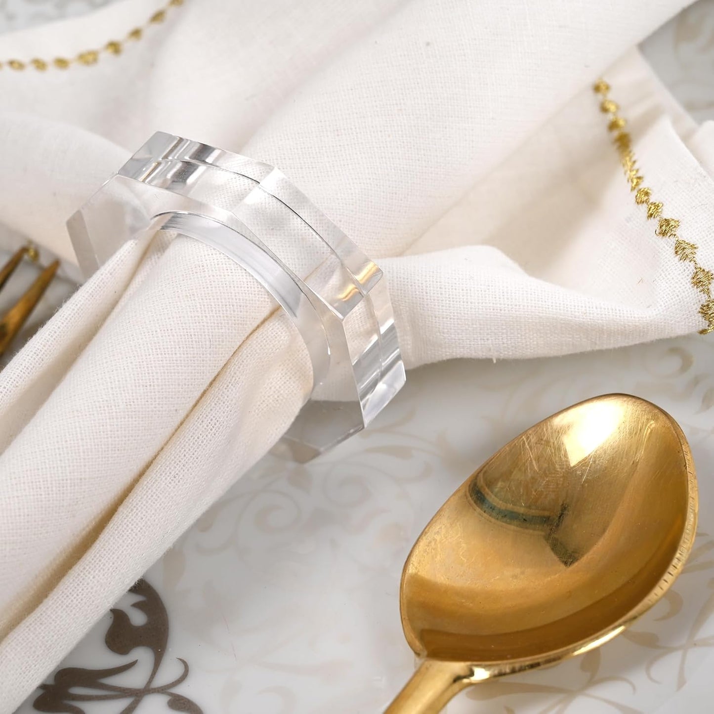 Acrylic Napkin Rings Set of 12 - Octagon Transparent Design for Christmas, Thanksgiving, Holiday Table Decor - Durable Crystal Napkin Holders for Dinner Parties & Everyday Use (Opaque)- CLEENTABLE