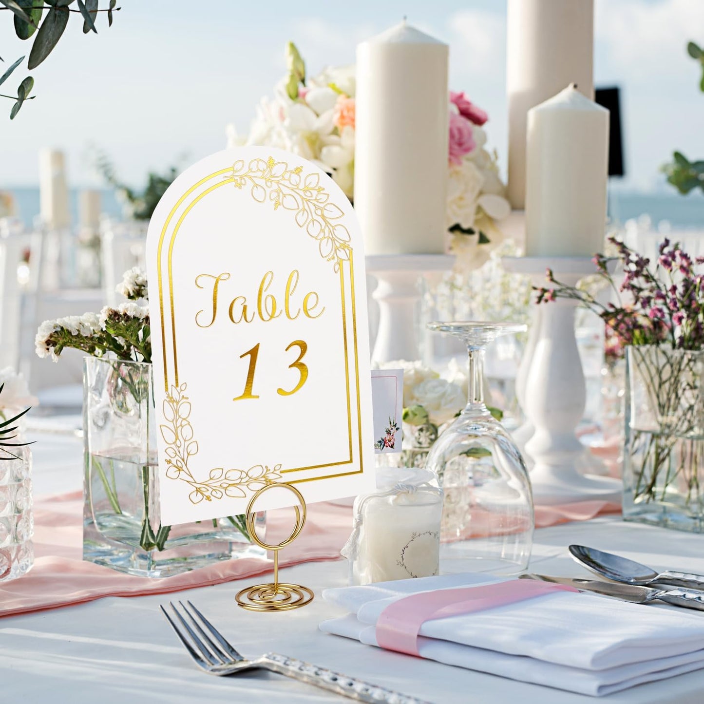 Wedding Table Numbers 1-40, 40 White Gold Cards with 40 Gold TableNumber Holders for Wedding Reception(Card and Holder)