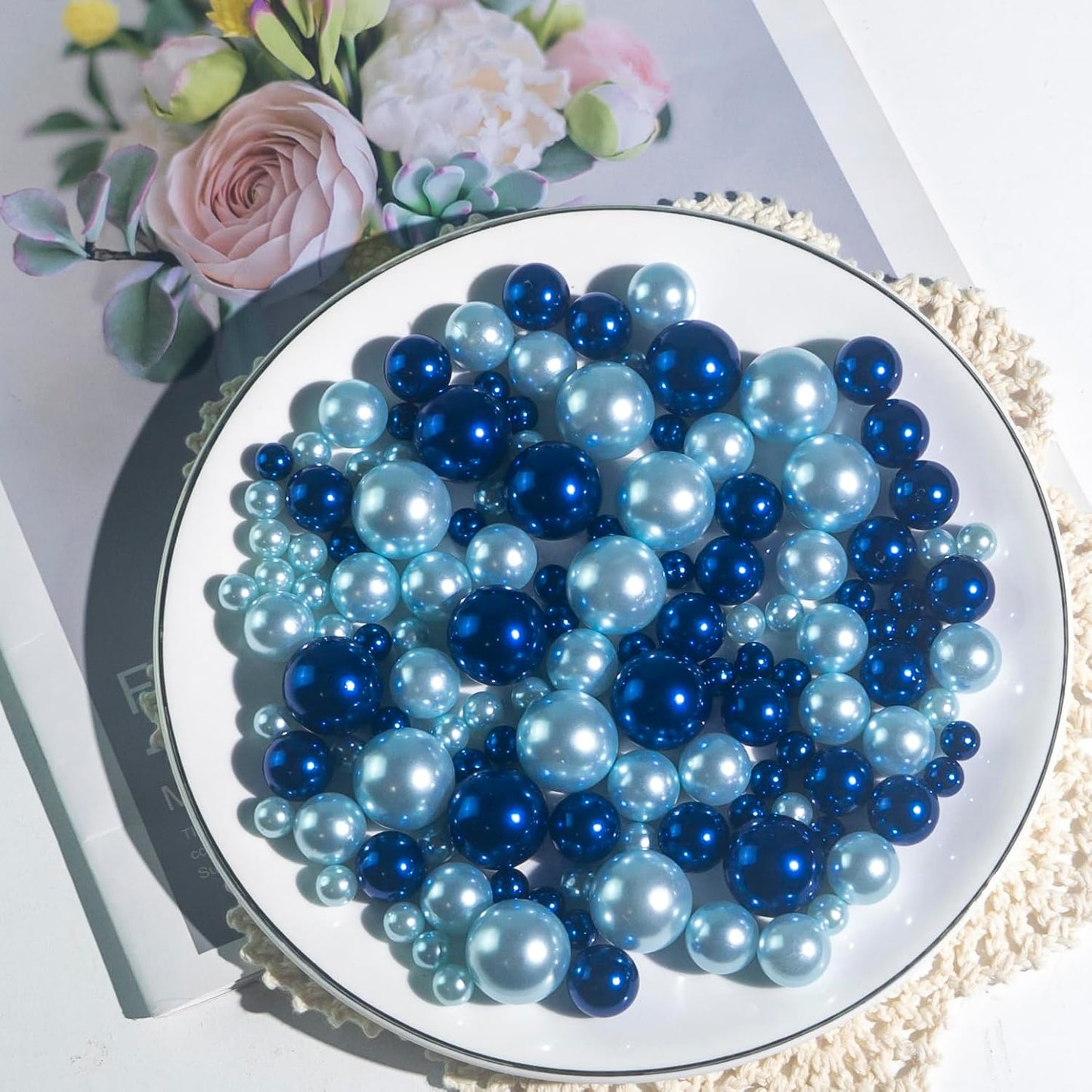 150Pcs Navy&Light Blue Polished No Hole Faux Pearl Beads for Vase Filling Decorations, Plastic Pearls Vase Fillers, Table Scatters, Wedding Centerpiece, Home Decor, 8/14/20 mm