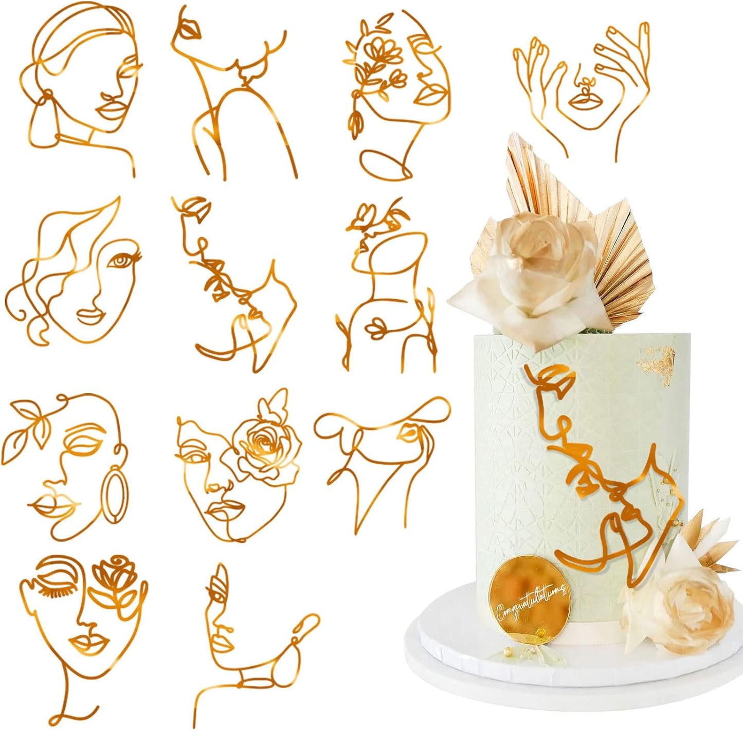 12 Pcs Acrylic Lady Face Cake Topper Minimalist Art Happy Birthday Cake Toppers Women Wedding Cake Decoration for Wedding Birthday Party (Gold)