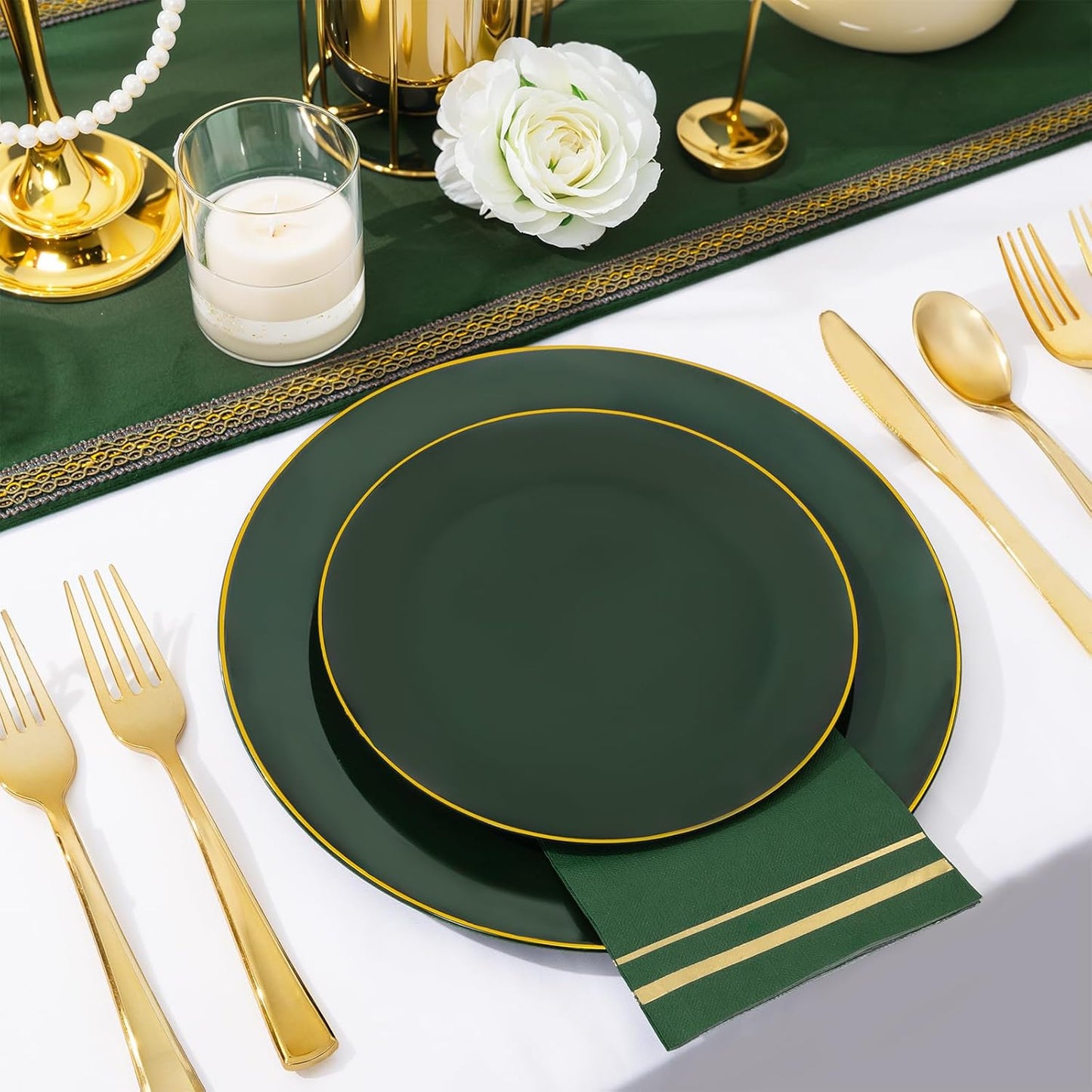 NOCCUR 350PCS Green Plastic Plates - Disposable Green Gold Dinnerware Set for 50 Guests, 100 Dinner/Dessert Plates, 150 Gold Silverware, 50 Cups&50 Napkins for Party/Wedding/Birthday/Christmas
