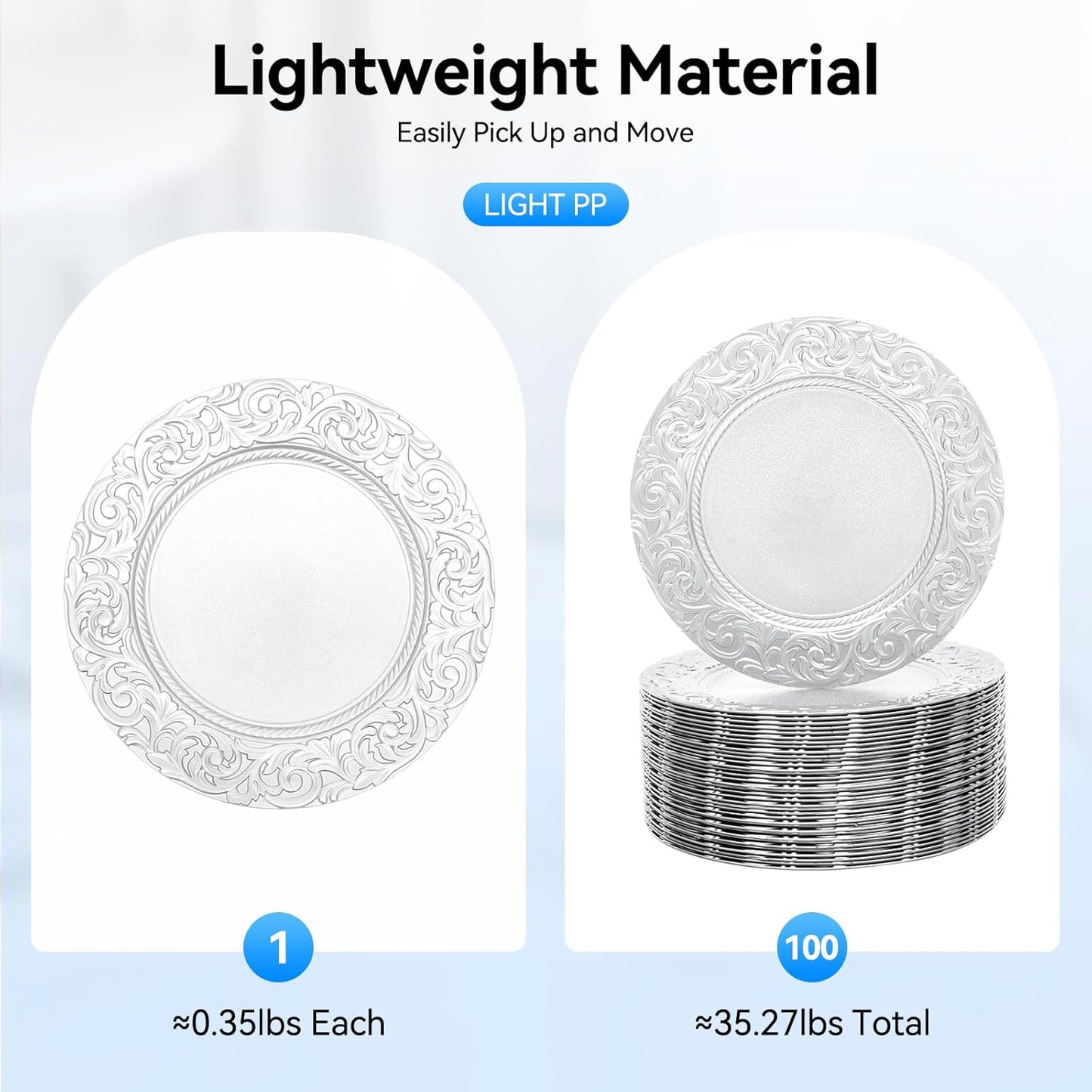 Antique Charger Plates Set, 100 Pcs 13in Plastic Embossed Dinner Plate, Round Phoenix Pattern Elegant Floral Plates for Dinner Wedding Party Event Table Setting Decoration (Silver)