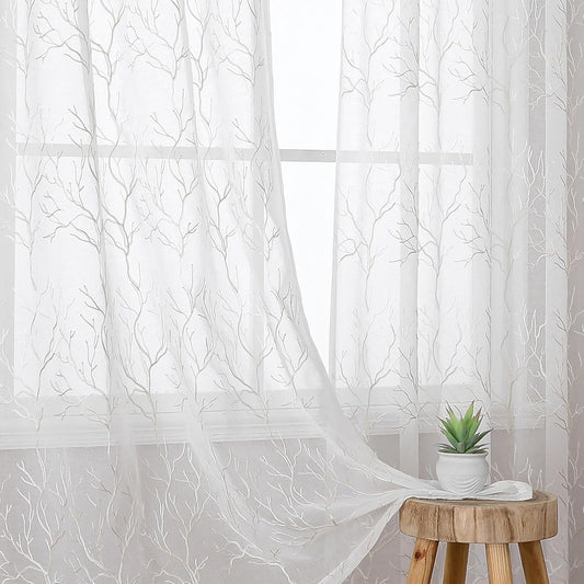 VISIONTEX Sheer Curtains 95 inch Length 2 Panels Set, Decorative Beige Coral Embroidery, Rod Pocket Embroidered Window Drapes for Living Room and Bedroom, 54" x 95"
