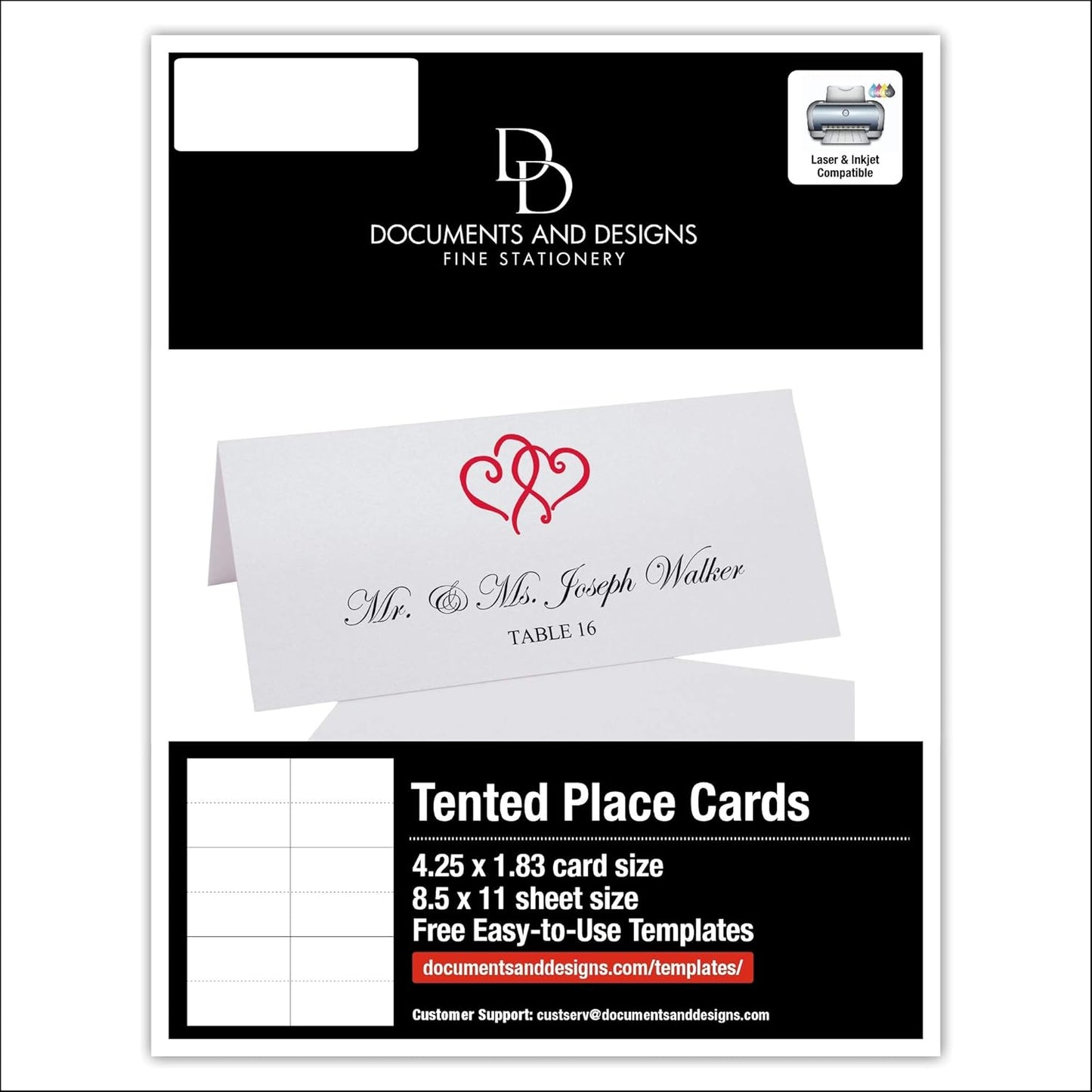 Linked Hearts Printable Place Cards, Ruby Red (Choose Color), Set of 60 (10 Sheets), Laser & Inkjet Printers - Wedding, Party, Dinner, and Special Events - Made in the USA