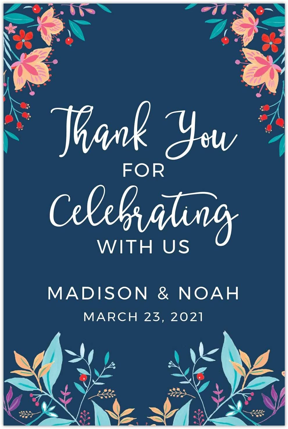 Andaz Press Personalized Extra Large Wedding Easel Board Party Sign, 12x18-inch, Vintage Bohemian Flowers on Navy Blue, Thank You for Celebrating With Us Bride Groom Name Date, 1-Pack, Custom