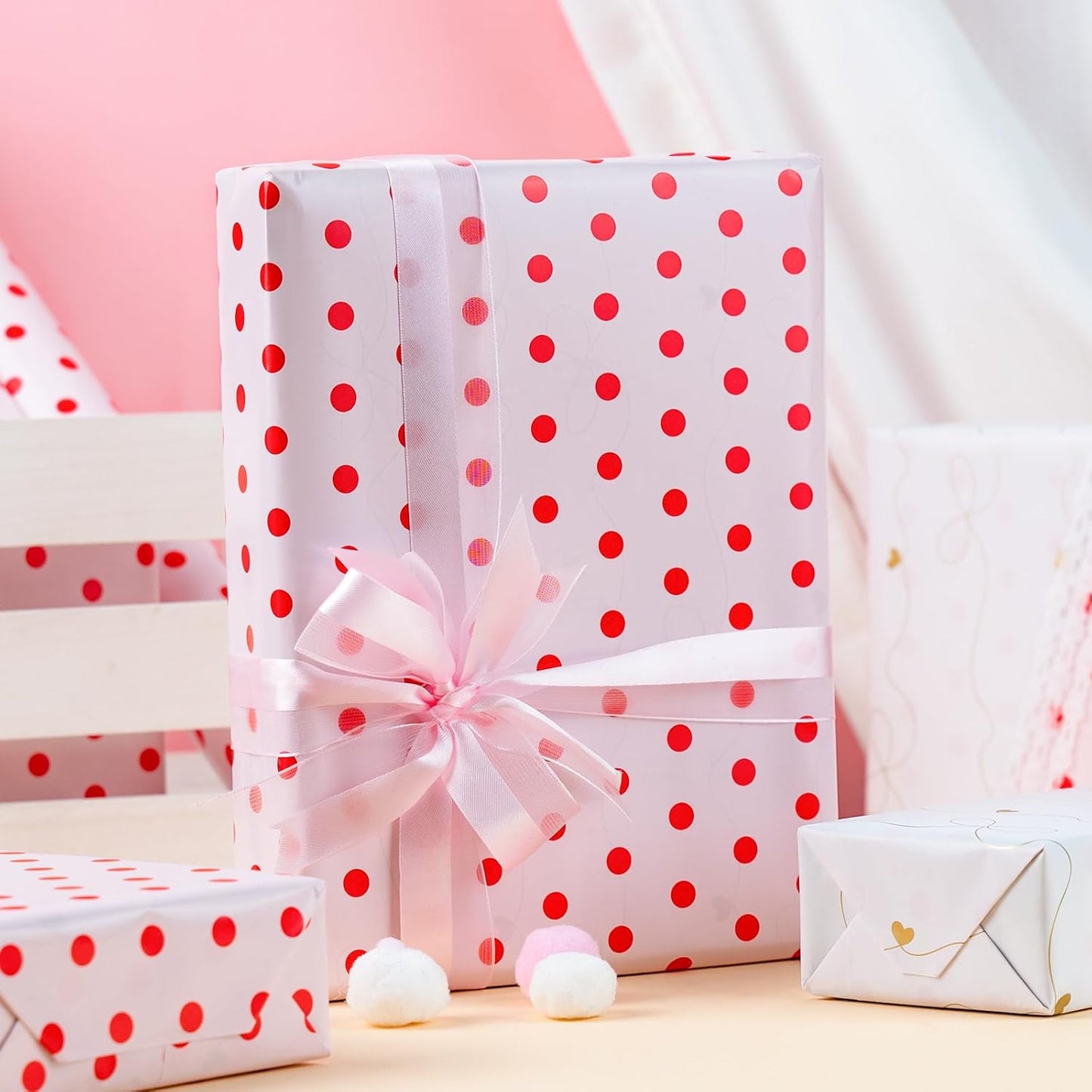 Flyhill Red Polka Dot Wrapping Paper,Reversible Pink Gold Elegant Bow & Heart Gift Wrap Suitable for Birthday,Girls,Baby Shower,Wedding (17 Inch X 32.8 Feet)