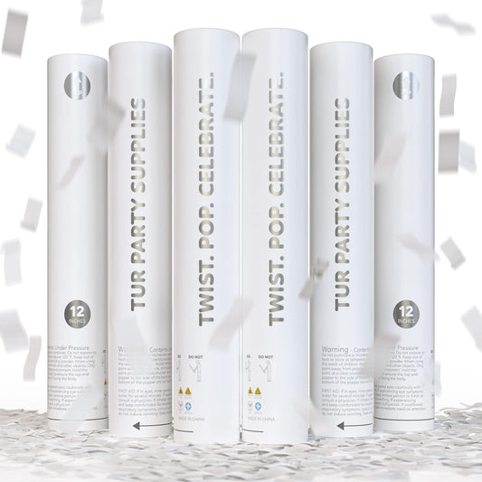 White Biodegradable Confetti Poppers Confetti Cannon | 6 Pack | Party Poppers Decoration for Wedding Exit, Graduation, Birthday | Wedding Party Favors | Launches 25 ft | 12 inch | TUR Party Supplies