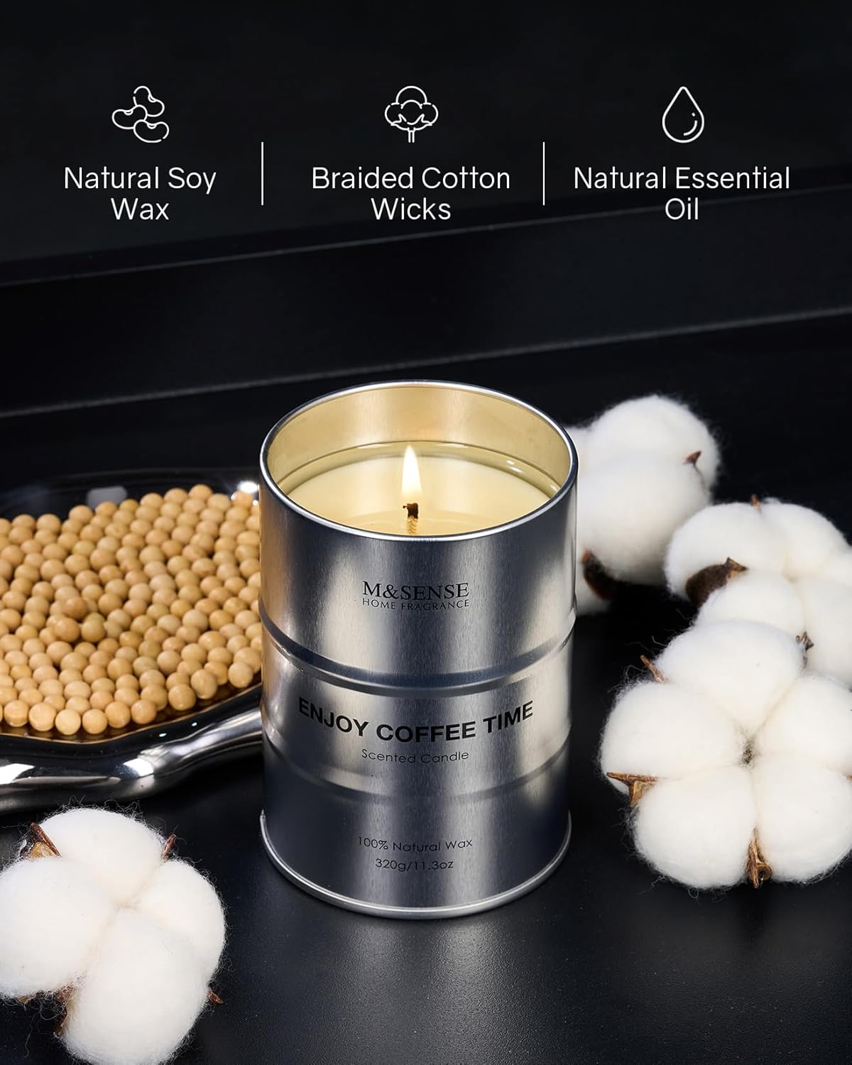 M&SENSE Scented Candle, Coffee Medium Jar Candle Gifts for Men, 70 Hours Slow Burning Natural Soy Candles 11.3oz, Stress Relief Aromatherapy Candles Home Decor, Valentines Day Gifts for Him