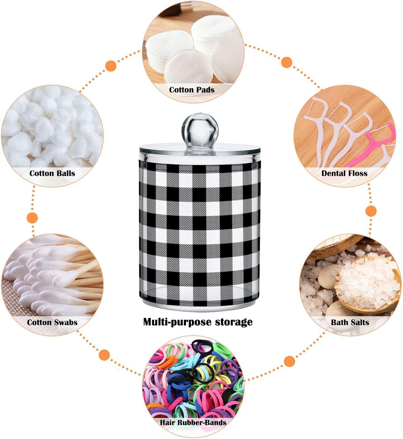 Gredecor Qtip Holder Dispenser 4 Pack Black White Classic Buffalo Plaid Apothecary Jars with Lids Bathroom Vanity Countertop Canister Storage Organizer for Cotton Ball,Swabs,Pads,Floss