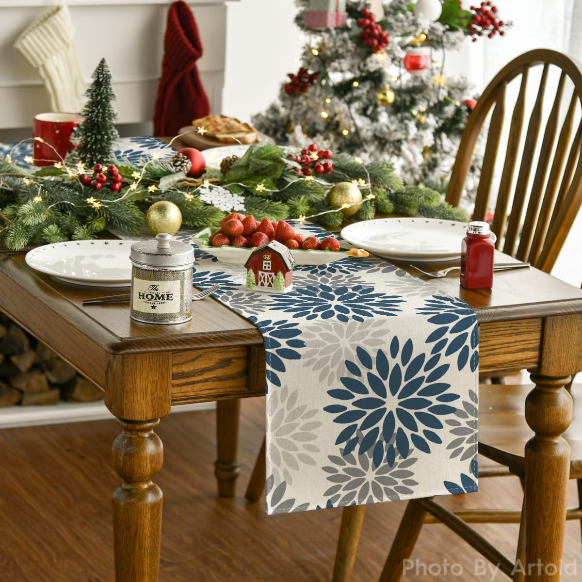 Artoid Mode Dahlia Aqua Floral Pinnata Flower Winter Table Runner, Seasonal Summer Holiday Kitchen Dining Table Decoration for Home Party Decor 13x90 Inch