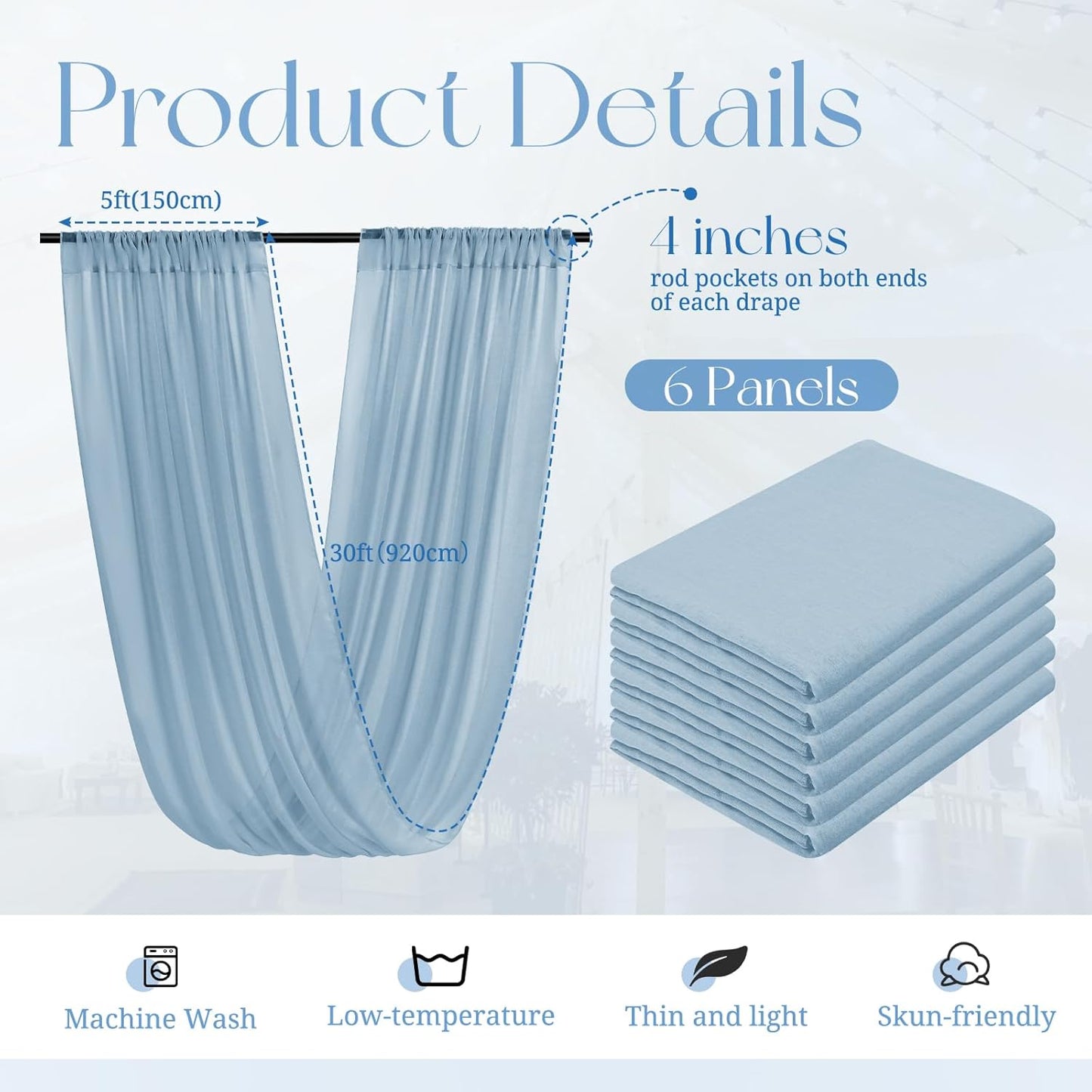 6 Panels Dusty Blue Ceiling Drapes for Wedding, 5ftx30ft Ceiling Drapes Cheesecloth Sheer Fabric Curtain Wedding Arch Draping Fabric Romantic Ceilings Decorations for Weddings Party Ceremony Stage