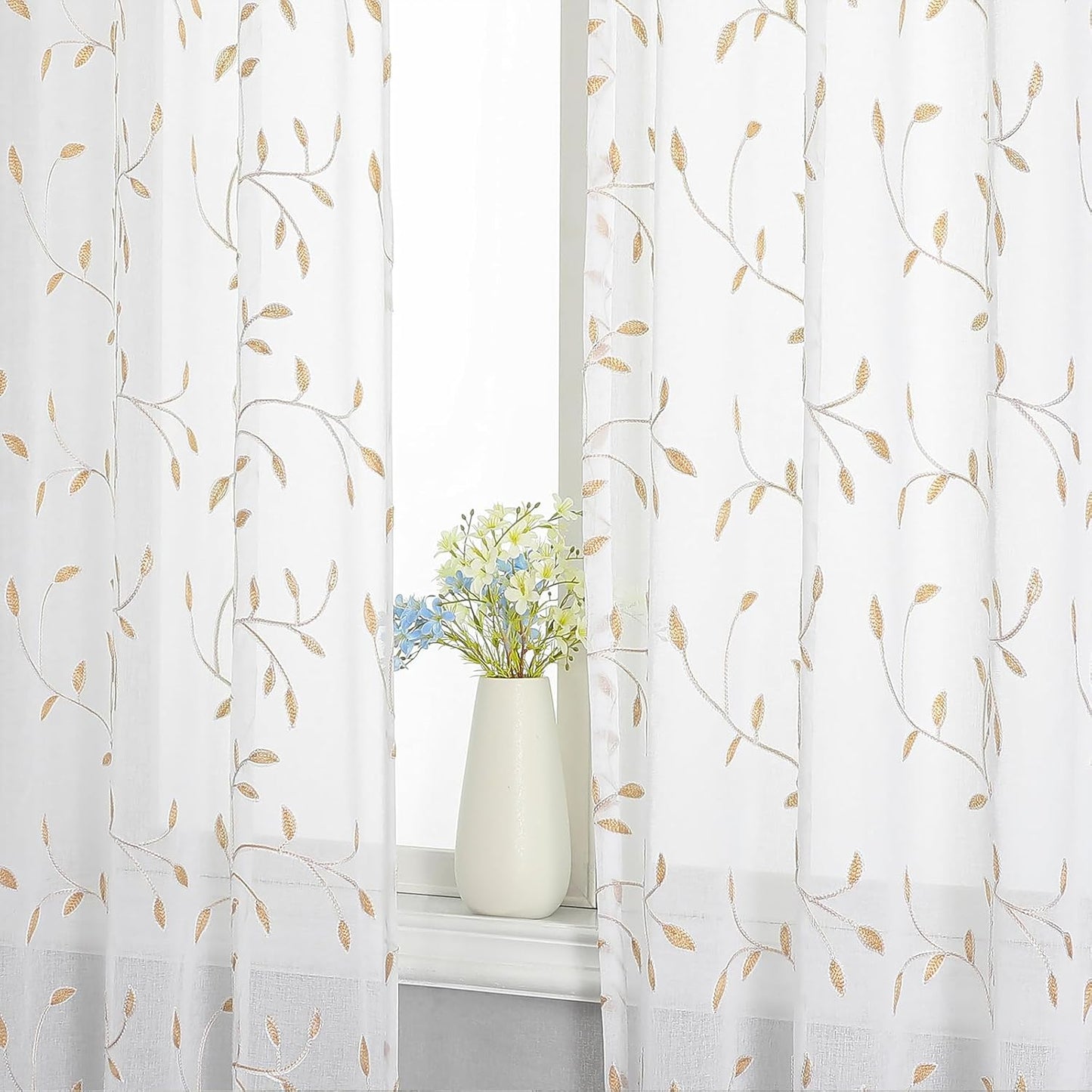 VISIONTEX White Sheer Voile Curtains, Decorative Orange Leaves Embroidery Faux Linen Rod Pocket Window Drapes for Home Kitchen, Living Room and Bedroom 54 x 54 Inch, Set of 2 Curtain Panels