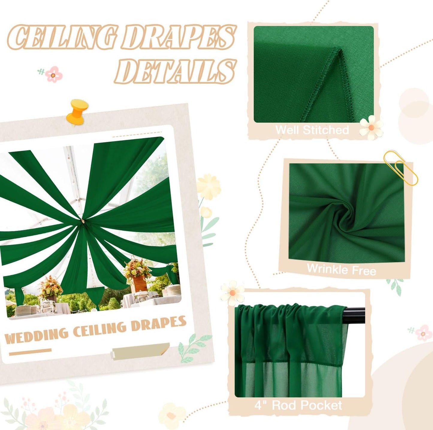 FUHSY Ceiling Drapes Emerald Green Wedding Arch Draping Fabric Chiffon Curtain Drapes 4 Panels 5x20FT Sheer Fabric for Draping Wedding Archway Tent Ceiling Drapes for Bed Canopy Ceiling Backdrop Decor