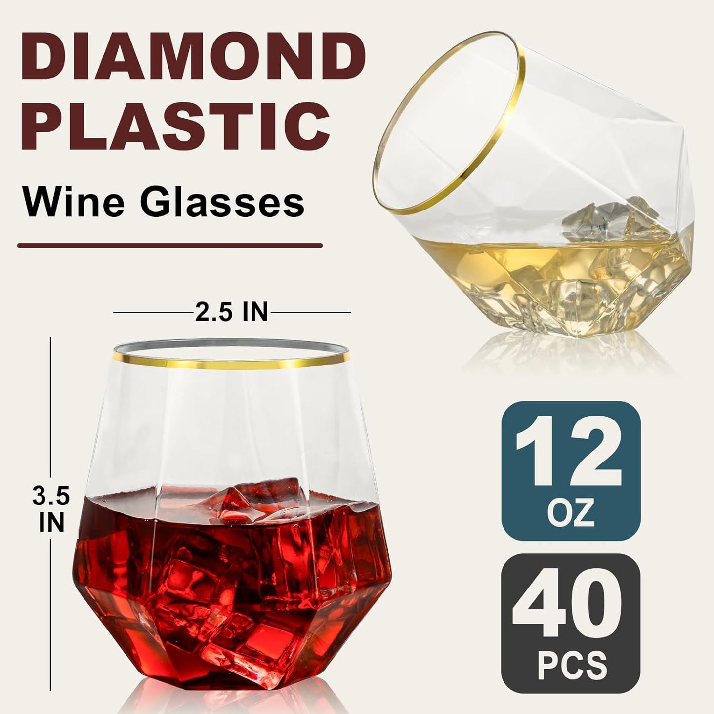 Goodluck 40 PCS Diamond Stemless Plastic Wine Whiskey Glasses, 12 Oz Disposable Cocktail Glasses, Suitable for Weddings, Birthday Parties, Family Gatherings, Bars, etc （Gold rimmed cups）