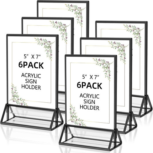 Acrylic Sign Holder 5x7 Display Stand, Clear and Stable Table Plastic Paper Holder, Acrylic Frames for Home Office Shop Photo Frames Exhibition Black (6pcs)