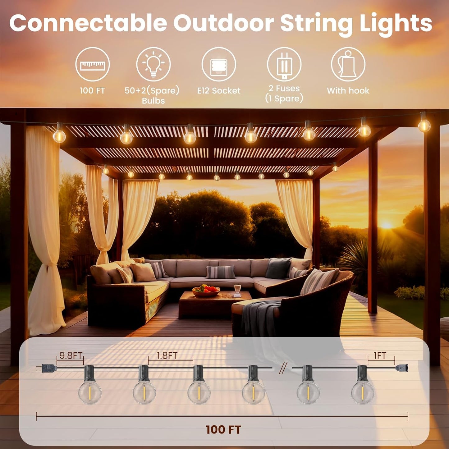 RTTY Outdoor String Lights 100ft, G40 Led Patio Globe Lights with 52pcs Bulbs,Shatterproof Waterproof Connectable Outside Hanging for Porch Cafe Bistro Backyard Gazebo Balcony Deck Party