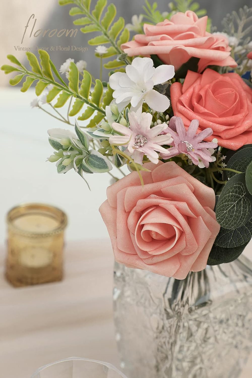 Floroom Artificial Flowers 25pcs Real Looking Coral Ombre Colors Foam Fake Roses with Stems for DIY Wedding Bouquets Bridal Shower Centerpieces Floral Arrangements Party Tables Home Decorations
