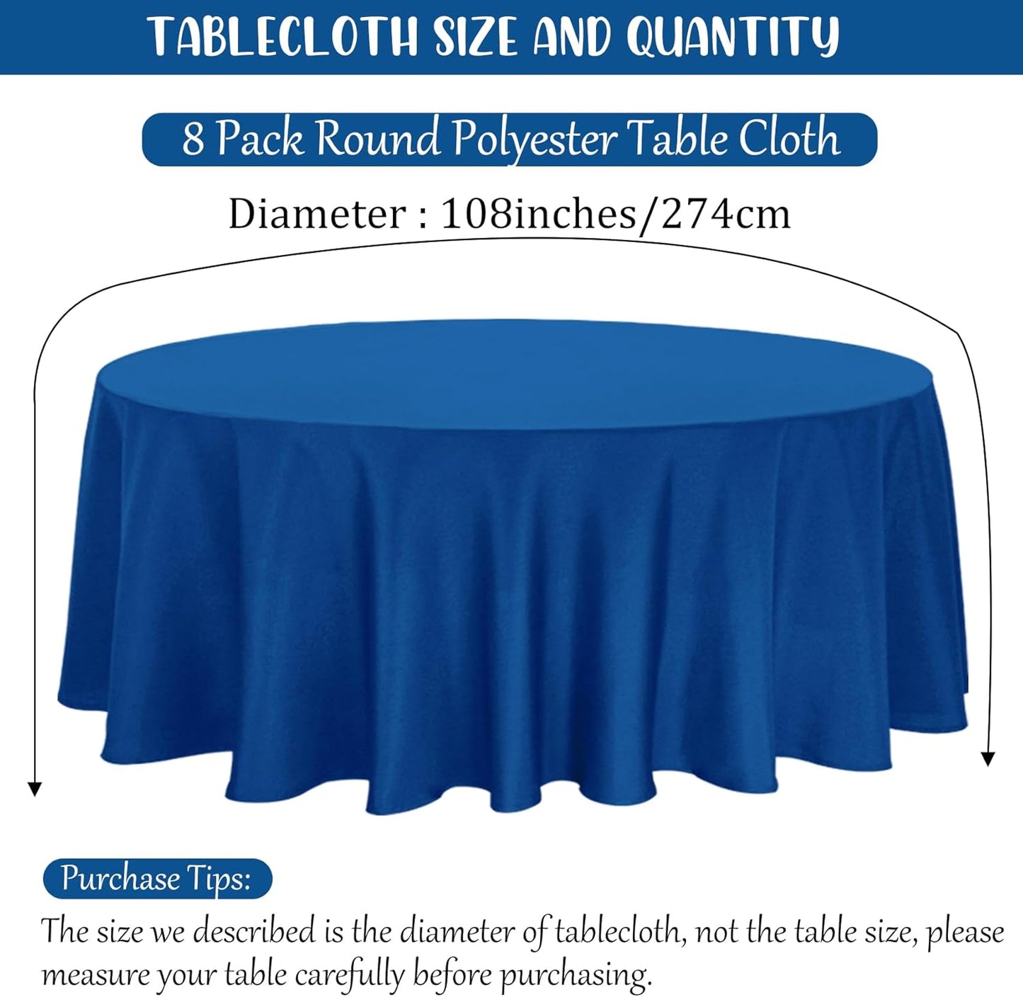 8 Pack Premium Round Tablecloth 108 Inch Round Table Covers Bulk Washable Polyester Fabric Round Table Clothes for Wedding Party Reception Banquet Buffet Restaurant (Royal Blue, 108 Inch)