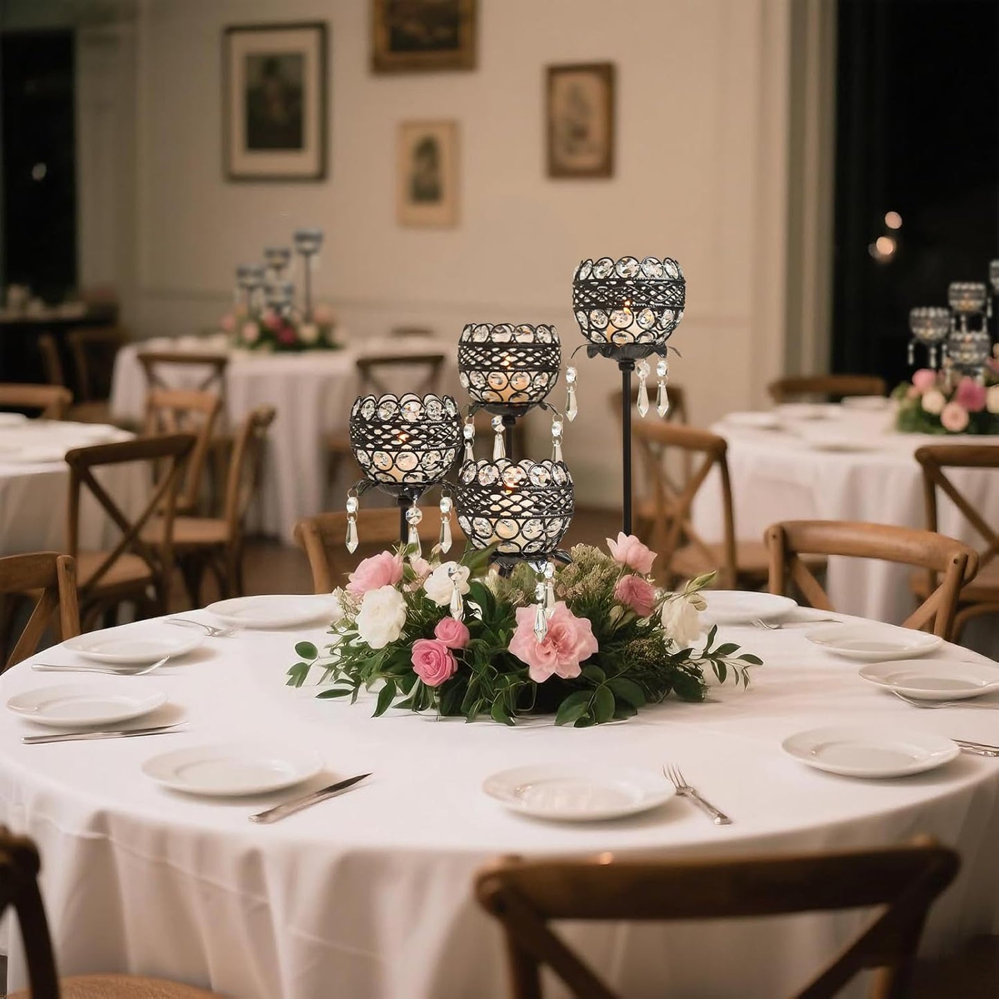 4 Arms Crystal Candelabra Tealight Holder - Tall 15.7 Inch Elegant Centerpiece with Crystal Pendant Bowls & Artistic Metal Stand for Wedding, Dining Table, Home Decor (1, Black)