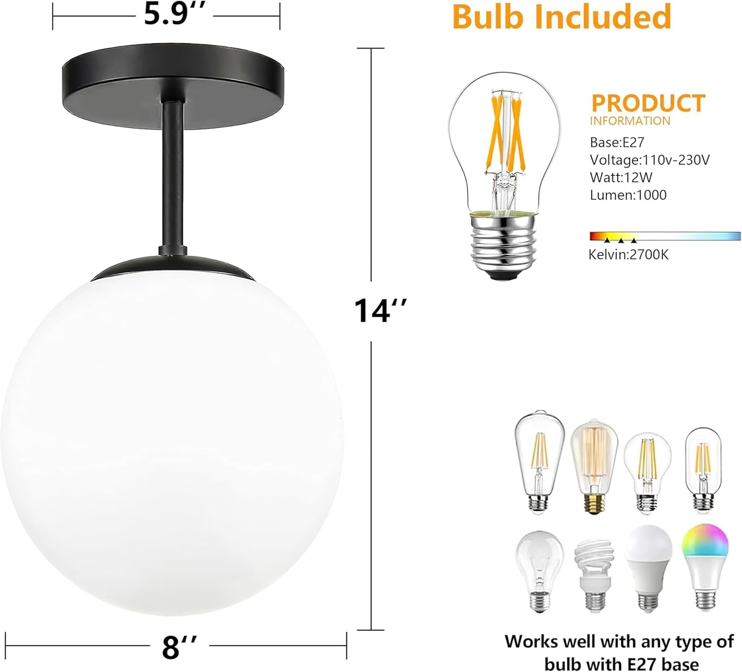 8" Black Semi Flush Mount Ceiling Light Fixture Milk Glass Globe Ceiling Light Fixtures Hallway Light Fixtures Mid Century Ceiling Lights Matte Black Finish for Entryway Foyer (Bulb Incl.)