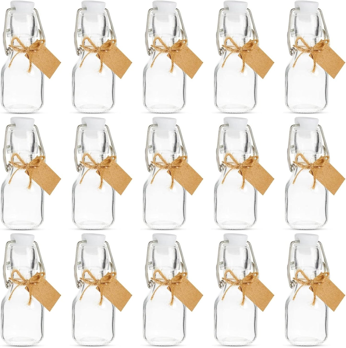 BLUE PANDA Mini Glass Bottles Swing Top - 15 Pack 2 Oz/60 ml Blue & White - Kraft Tags & Jute Twine Included - Wedding Favor Glass Bottles & DIY Jars