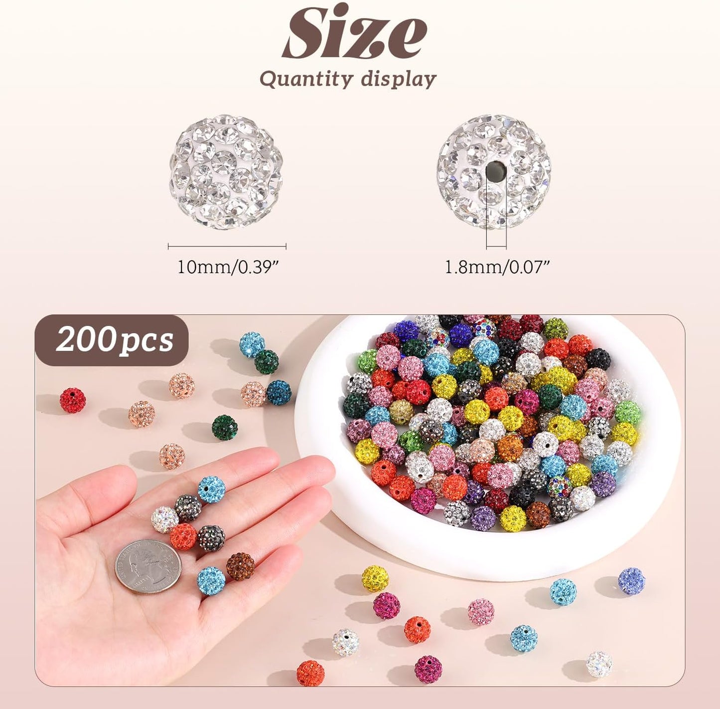 200pcs 10mm Rhinestone Beads for Jewelry Making, Black White Shiny Round Disco Ball Beads Bulk, Sparkle Crystal Clay Christmas for Bracelet Baseball Necklace Earring Crafting and DIY