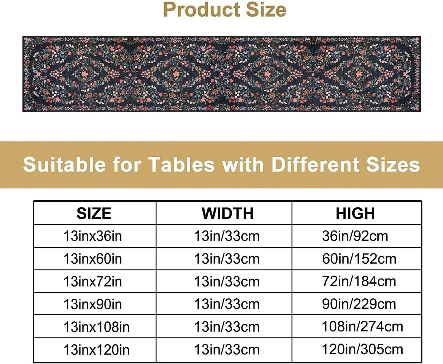 Morris Flower Table Runner, Vintage Blue Floral Rustic Country Style Floral Print Pattern for Home Kitchen Table Decor Dining Coffee Room Garden Party Decor 13x120in