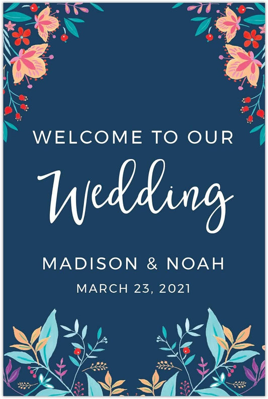Andaz Press Personalized Extra Large Wedding Easel Board Party Sign, 12x18-inch, Vintage Bohemian Flowers on Navy Blue, Welcome to Our Wedding Bride Groom Name Date, 1-Pack, Custom