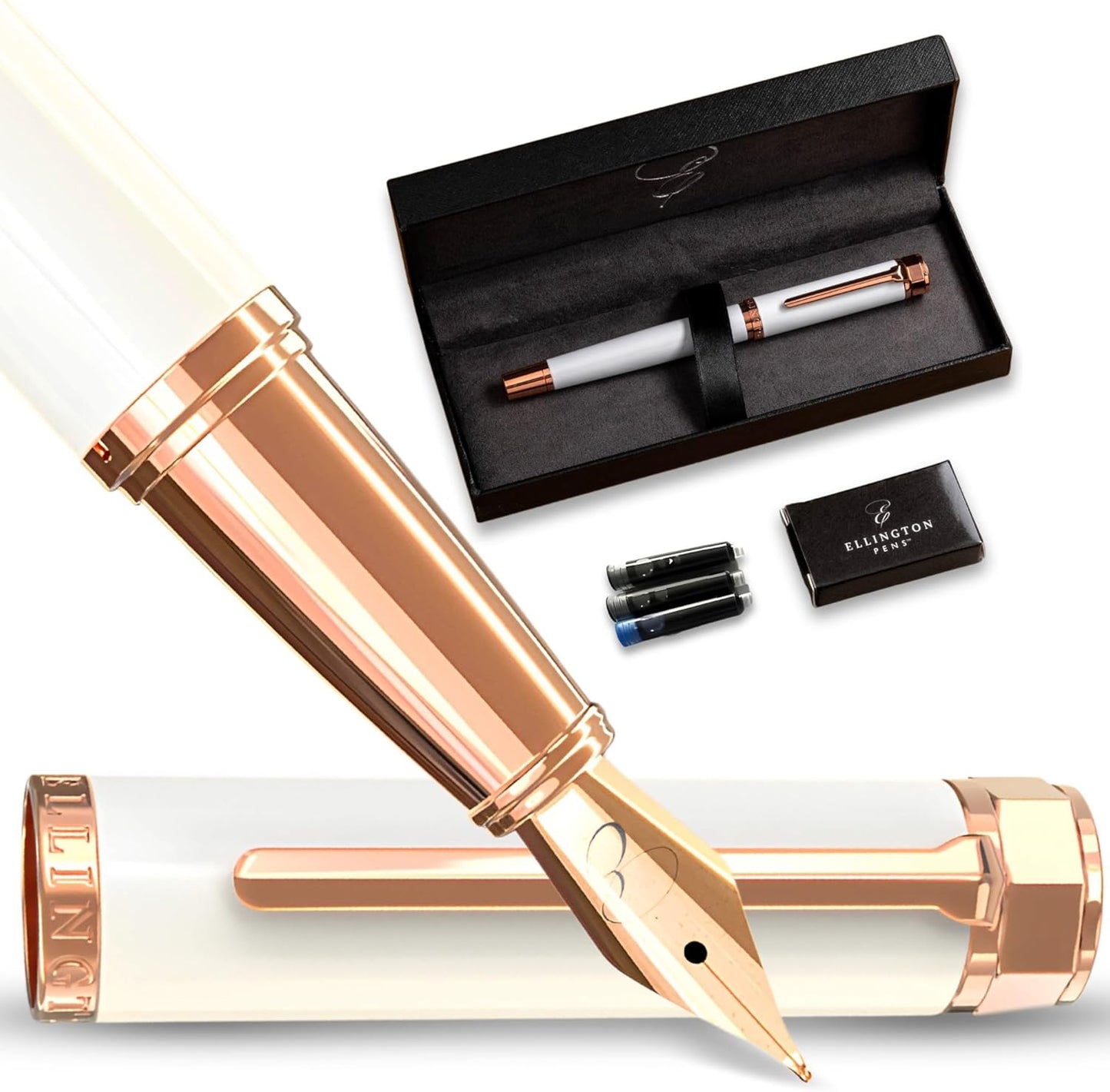 Ellington Pens Luxury Fountain Pen Set- Fountain Pens for Writing - Smooth Extra Fine Nib - Includes Refillable Ink Converter, 3 Ink Cartridges [Black & Blue], Gift Box - Elegant Calligraphy