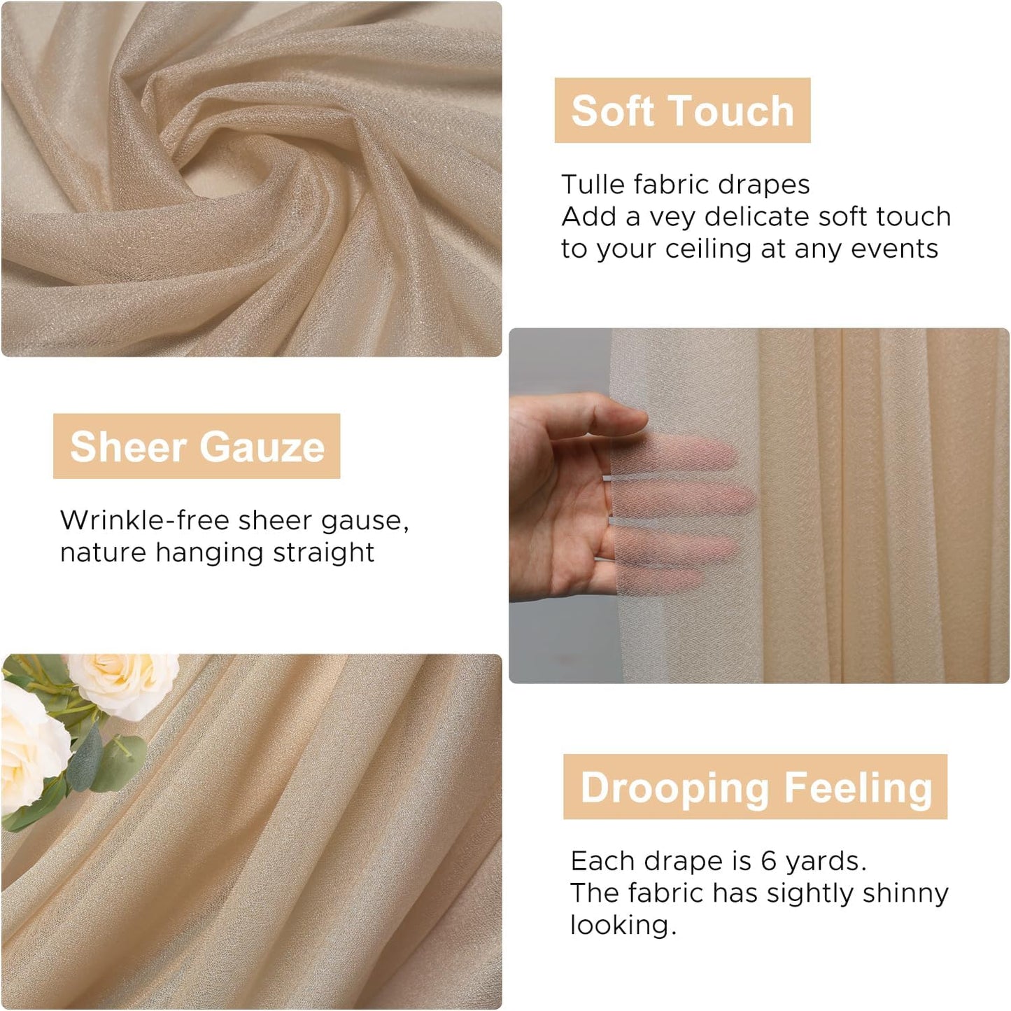 Wokceer Nude 6 Panels 28.7" x 20FT Sheer Fabric Drapes Backdrop Arch Draping Fabric for Wedding Ceremony Birthday Party Bridal Shower Decoration