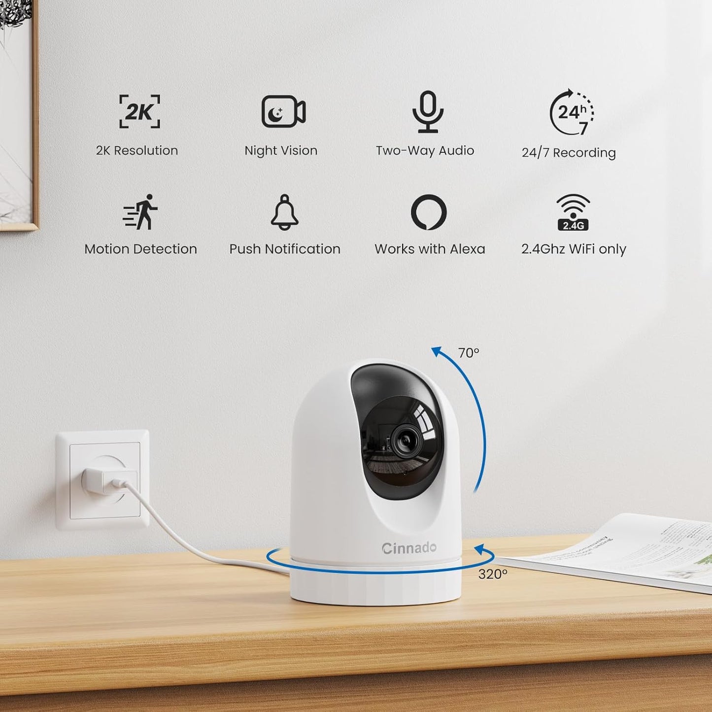 2K Home Security Cameras-2.4Ghz WiFi Indoor Camera with 360° Motion Detection for Pets/Nanny/Baby/Dog, 2 Way Audio, 24/7 SD Card Storage, Cloud Storage, Works with Alexa & Google Home, D1 4P