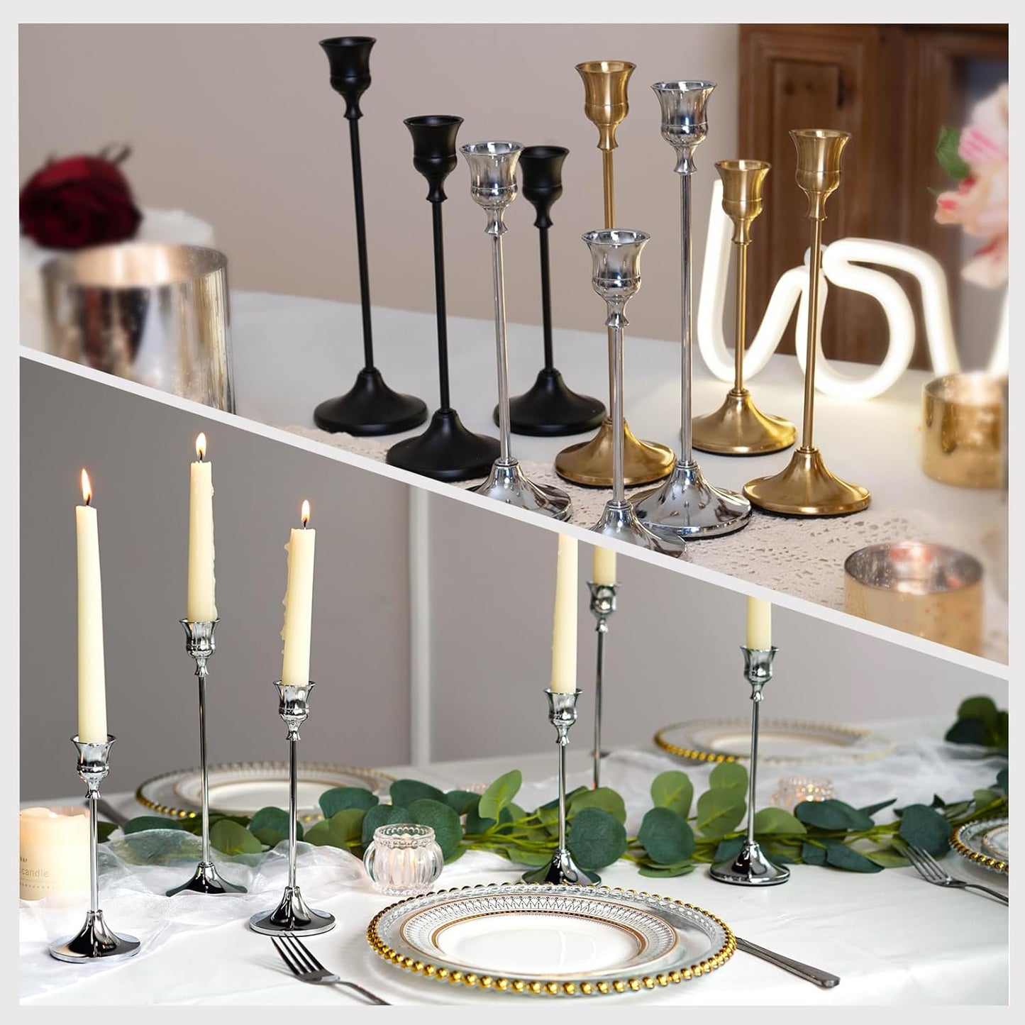 CHILL RECIPE Silver Taper Candle Stick Holders Tall Candle Holder, Vintage Candlesticks Holder Bulk for Home Decor Table Centerpiece Dining Party Festival Decorations (4 Set 12Pcs)