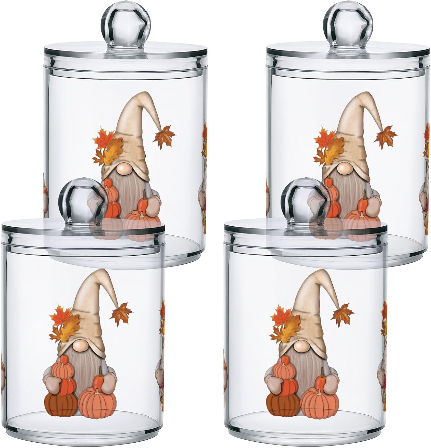 Gredecor 2 Pack Apothecary Jars with Lid Fall Gnome Maple Pumpkins Qtip Holder Dispenser Storage Containers Clear Plastic Cute Fall Autumn Thanksgiving Theme Canisters for Bathroom Vanity Organization