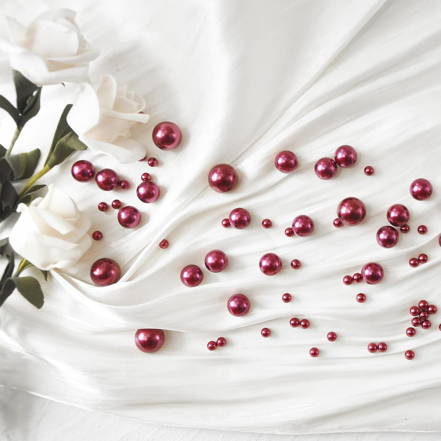 520Pcs WineRed Beads for Centerpieces Decor, Artifical Pearls Vase Filler, Large Beads for Makeup Brush, No Hole Round Pearl Beads for Wedding Birthday Christmas Party Home Decor(18mm 14mm 6mm)