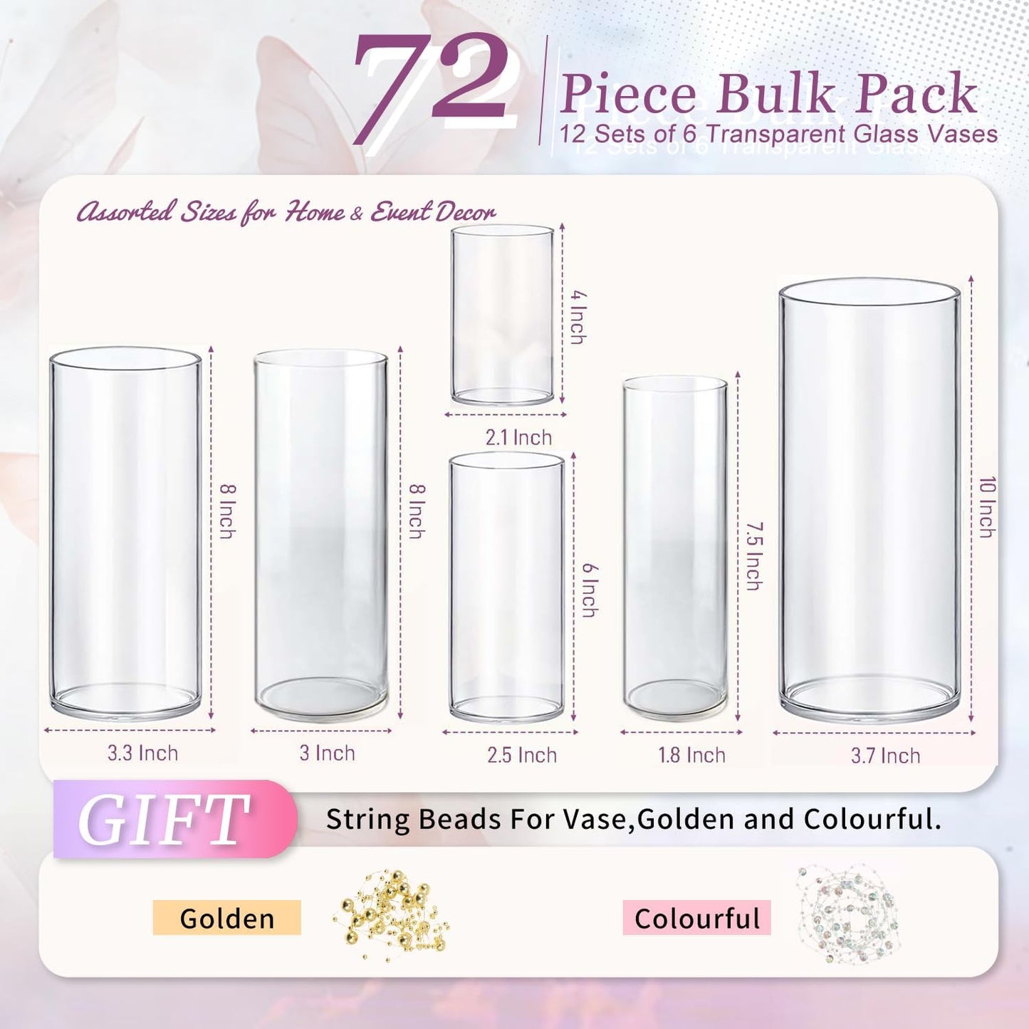 72pcs Glass Vase Cylinder Vases for Centerpieces Small Flower Glass Vases Home Decor Centerpiece Table Clear Flower Vase Decorations for Wedding＆Holiday 4,6,7.5,8,8,10 Inch Tall