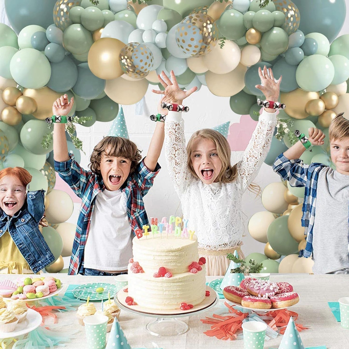 Dusty Blue Sage Green Balloon Arch Kit, Pastel Blue Green Sand White Gold Confetti Balloons Garland Kit for Wedding Bridal Boho Birthday Party Backdrop Decorations