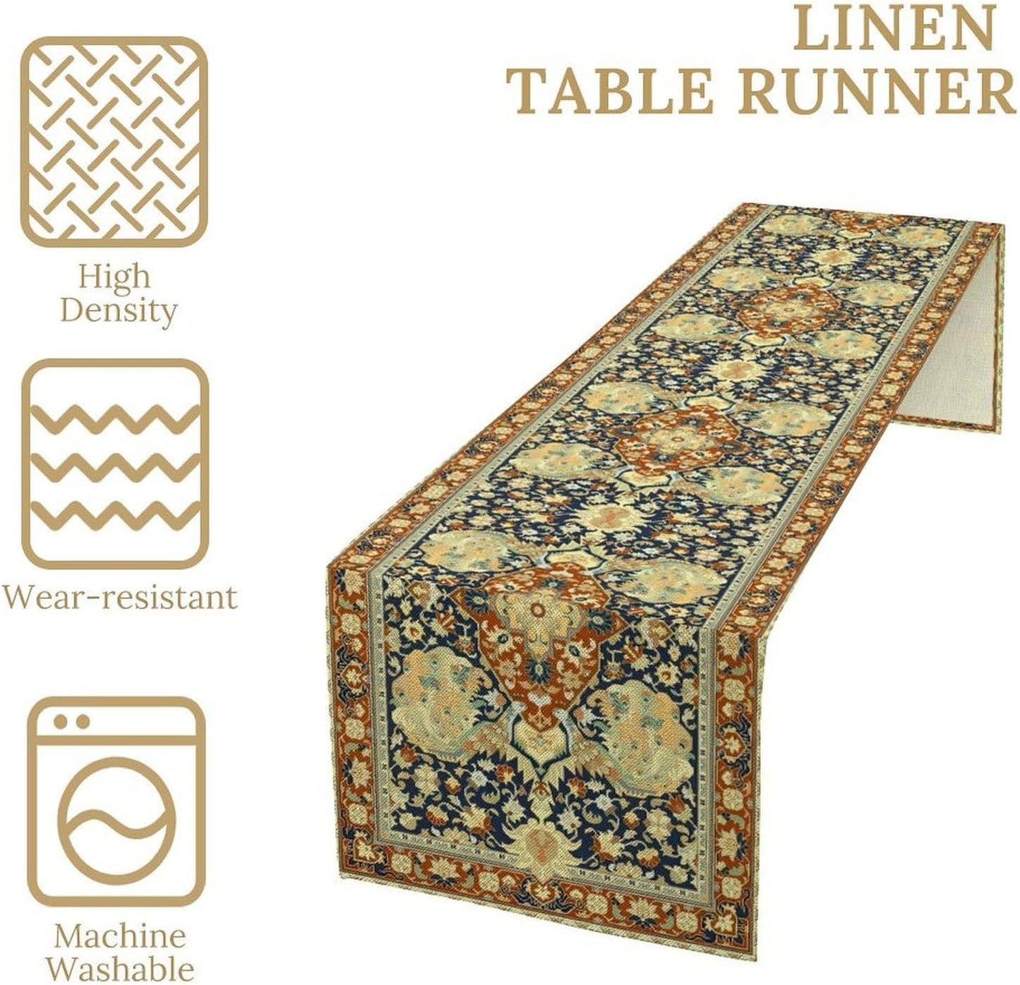 Vintage Boho Floral Table Runner, Elegant Luxurious Rustic Country Farmhouse Navy Blue Gold Retro Flower Pattern for Home Kitchen Table Decor Dining Coffee Room Party Decor 13x60in