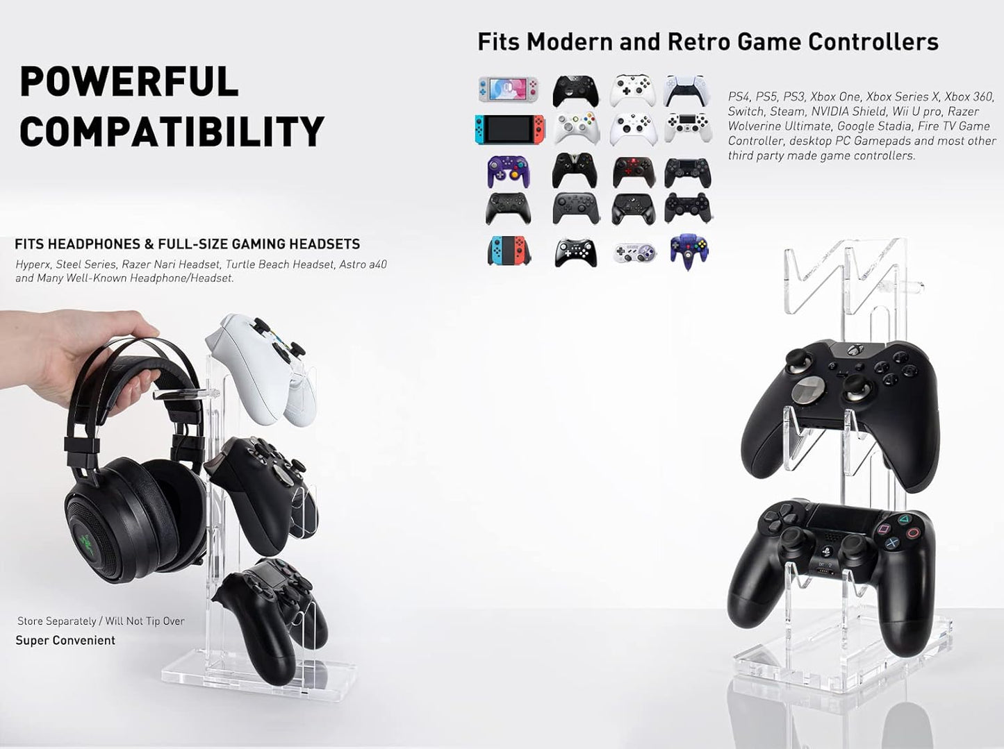 OAPRIRE Universal 3 Tier Controller Stand and Headset Stand for XBOX ONE X SWITCH PS4 PS5 PC, Controller Holder Gaming Accessories, Build Your Game Fortresses (Clear)