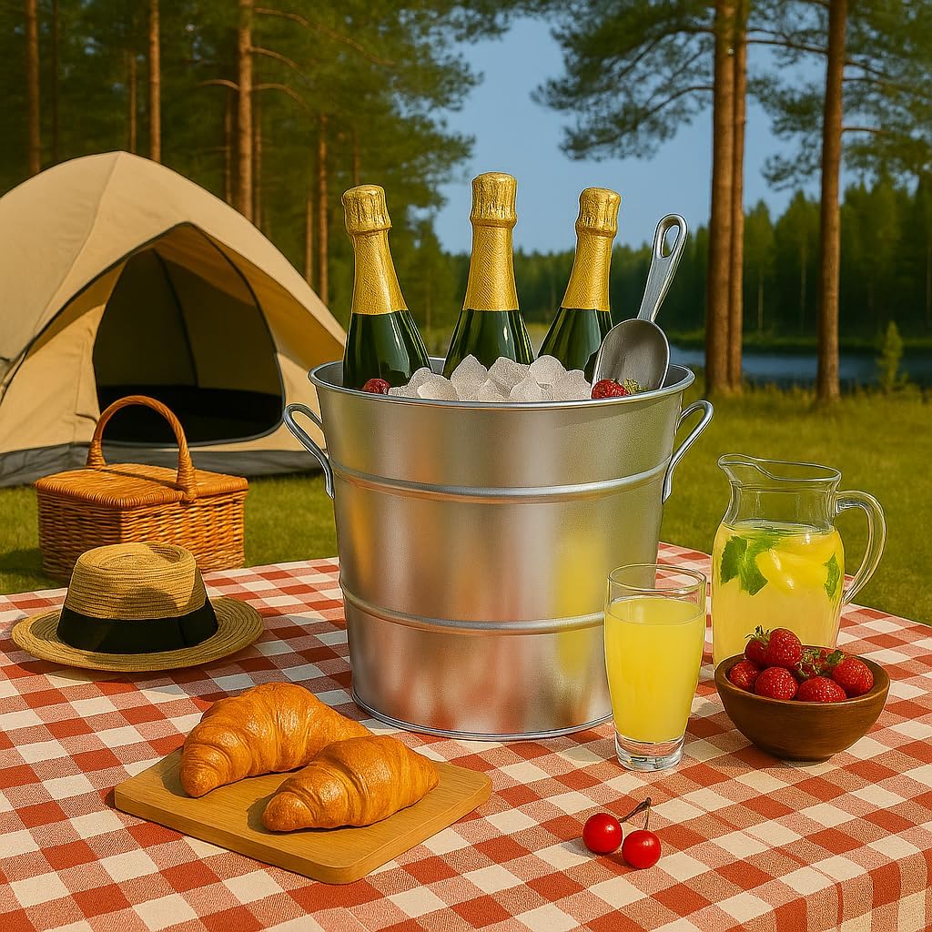 Insulated Ice Bucket with Lid Scoop Handle for Parties Cocktail Bar, 4L Round Mental Champagne Drink Wine Bucket for Drinks Metallic