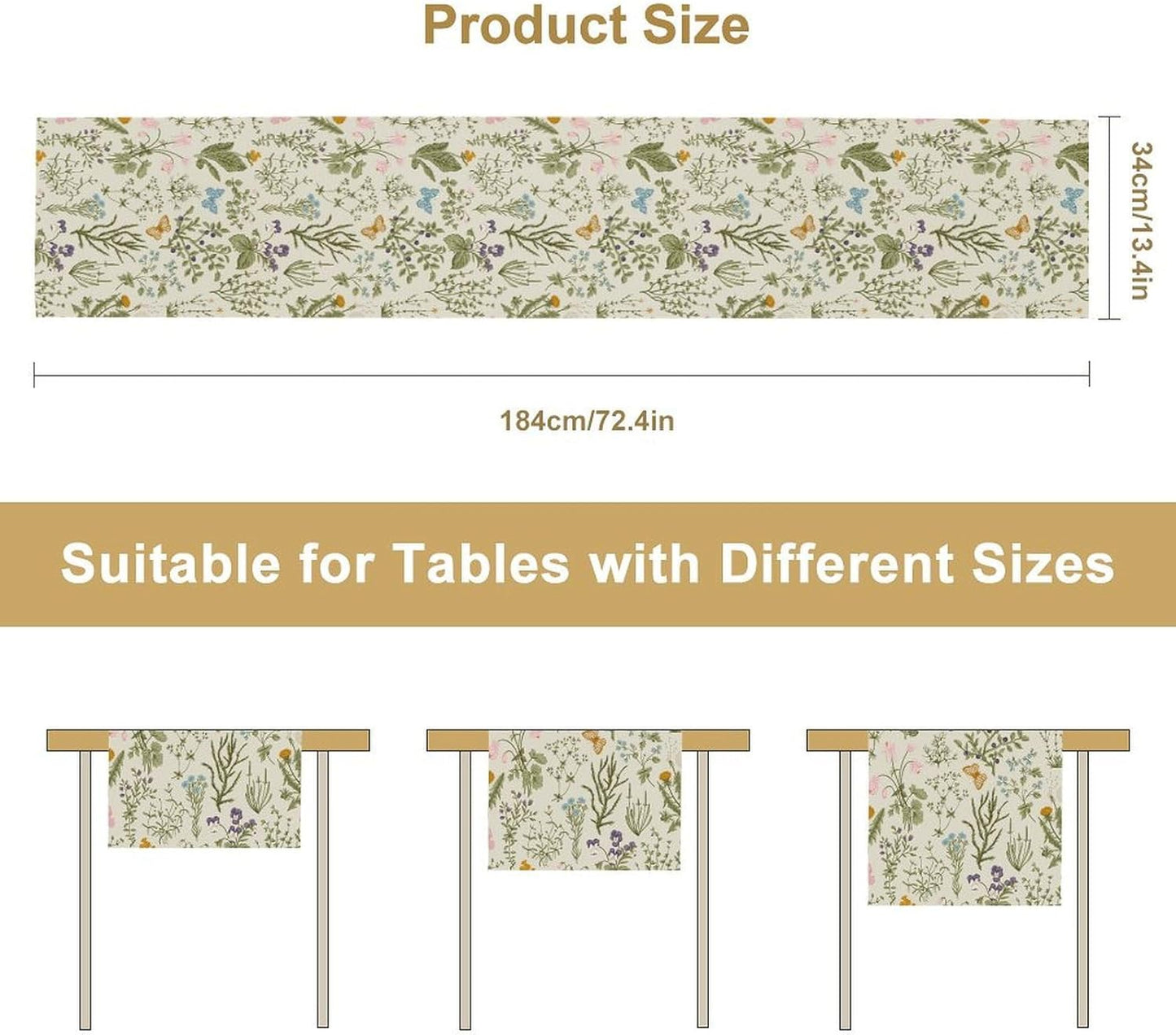 Wildflowers Floral Table Runner, Retro Flower Butterfly Seasonal Spring Summer Kitchen Dinning Table Runner for Indoor Outdoor Home Wedding Party Holiday, 13x108 Inch