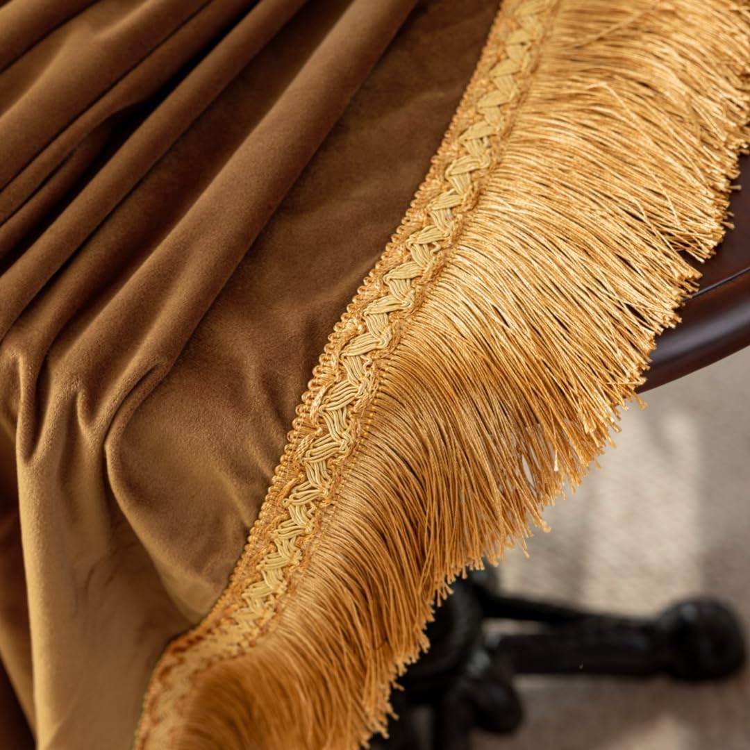 F-CHU Luxury Camel Tablecloth Thickset Velvet Tablecloth with Beautiful Gold Tassels Vintage Table Cloth for Home Decor Wedding, Party, Banquet and Events 67x120-Inch