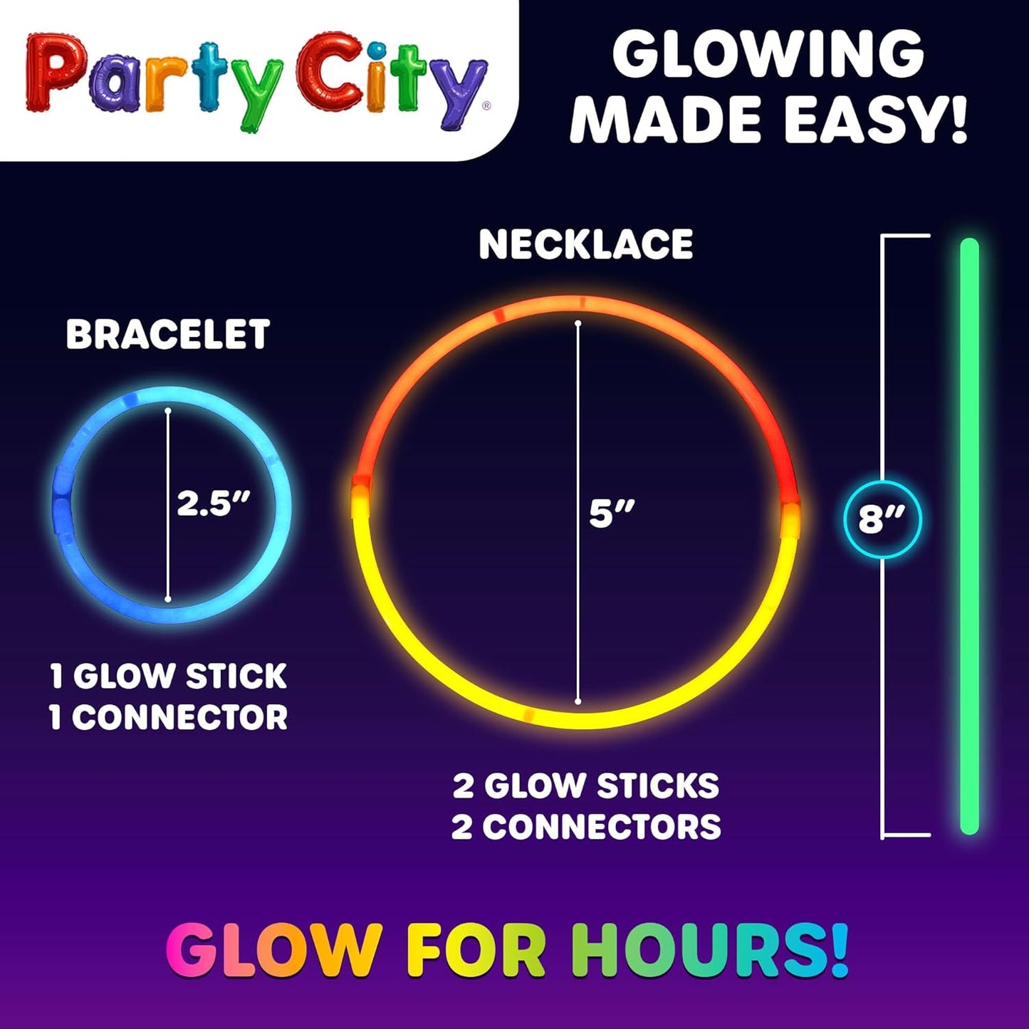 Party City 500 Glow Sticks Bulk Party Pack 8”– Neon Glow in the Dark Party Supplies, Glowsticks with Connectors Bracelets & Necklaces, Light Up Favors for Kids, Adults, Birthdays, Parties, Decorations