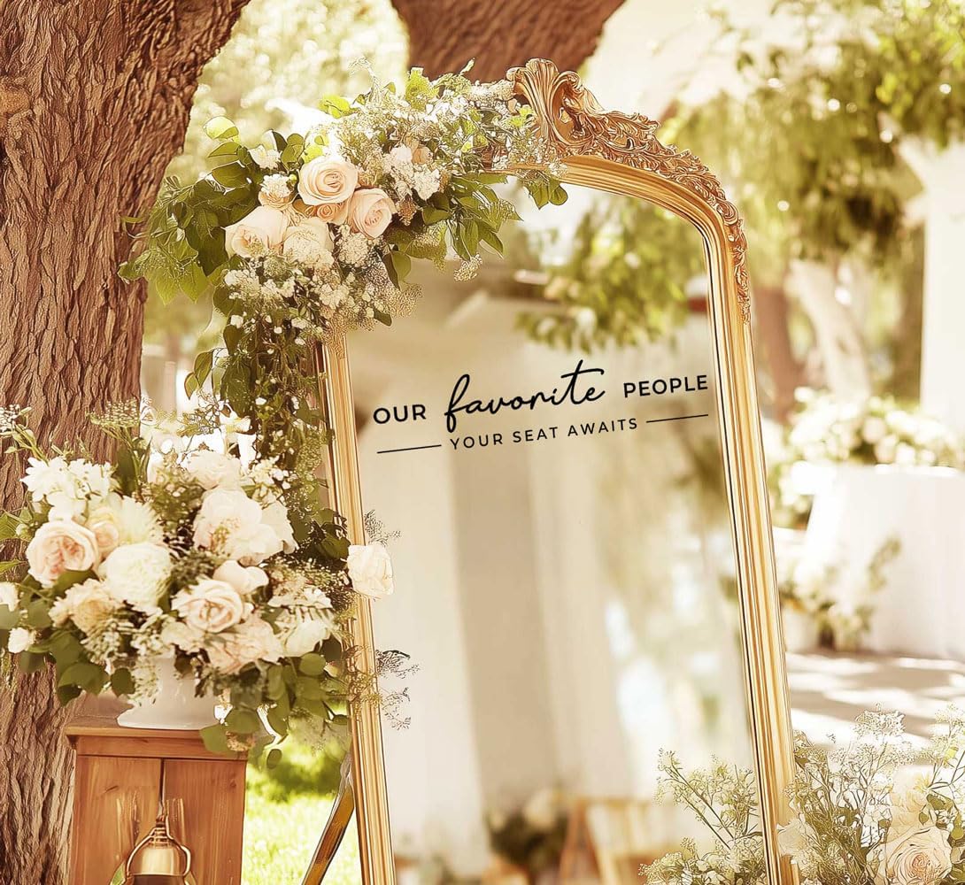 Our Favorite People Vinyl Decal, Please Find Your Seat Sign for Wedding Reception Wedding Vinyl Decal Seating Chart Sticker for Mirror, Your Seat Awaits (Black, Width 17 inch)