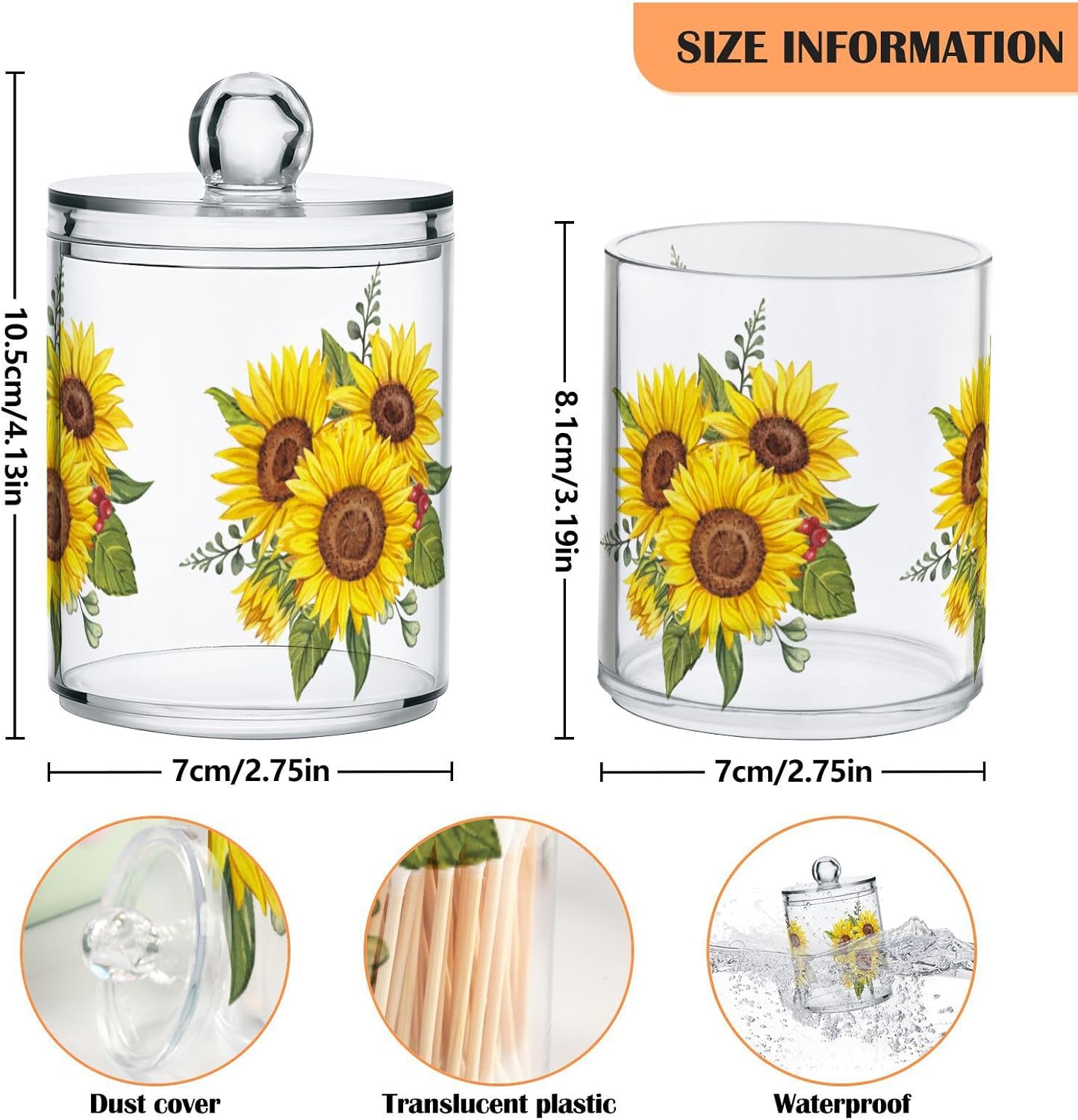 Gredecor Qtip Holder Dispenser 4 Pack Yellow Watercolor Sunflowers Apothecary Jars with Lids Bathroom Vanity Countertop Canister Storage Organizer for Cotton Ball,Swabs,Pads,Floss