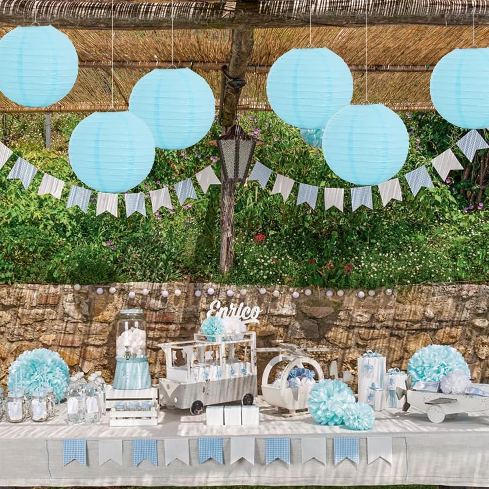 BEISHIDA 12-Inch Light Blue Round Paper Lanterns Decorative Hanging Asia Chinese Japanese Paper Lanterns Lamp for Birthday Wedding Baby Shower Home Decor Party Decoration（6 Packs）