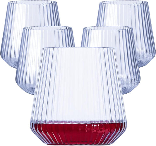 40 Pack Plastic Ribbed Wine Glasses, 14Oz Origami Disposable Wine Glasses Unbreakable Clear Plastic Cocktail Glasses Recyclable Shatterproof Reusable Wine Cups (14oz-blue-40pack)